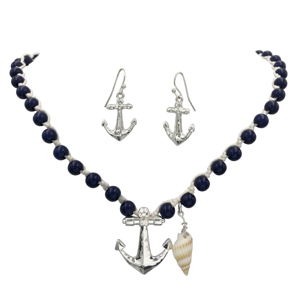 Navy Blue Beaded Anchor Necklace Earrings Set